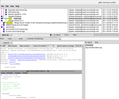 Cropped screenshot of gitk showing leaf/bering-uclibc Git repository for Bering-uClibc 4.1